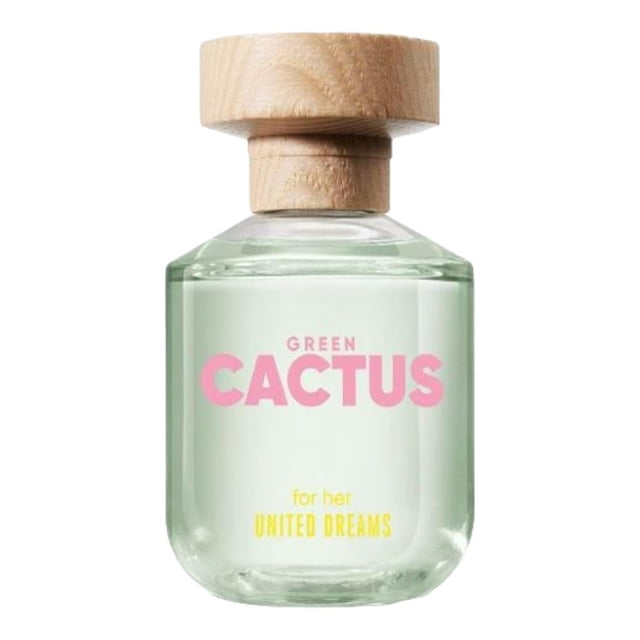 benetton green cactus for her edt 80 ml Botella frontal de vidrio con líquido verde pálido, texto rosa “CACTUS” y amarillo “UNITED DREAMS for her”, tapón redondo de madera claro y forma cilíndrica compacta; fragancia femenina descrita por la marca como verde, cítrica y floral; también adecuada como pieza decorativa en un tocador.