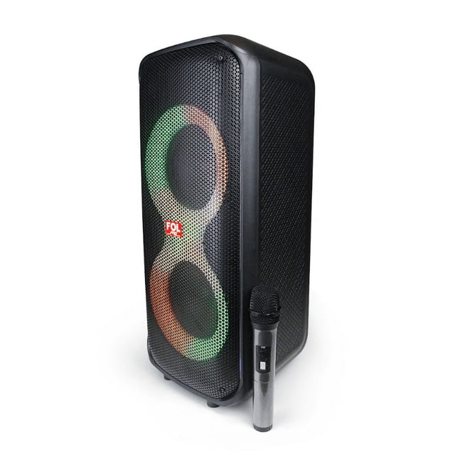 bocina fol inalámbrica bluetooth tws portátil recargable con micrófono negro fs-l2206 Bocina portátil negra FOL en vista 3/4 frontal con rejilla perforada y dos drivers frontales iluminados por anillos LED; micrófono inalámbrico de mano apoyado en la base, controles y puertos para Bluetooth/TWS, USB y entrada auxiliar visibles en el lateral, ideal para karaoke y reuniones.
