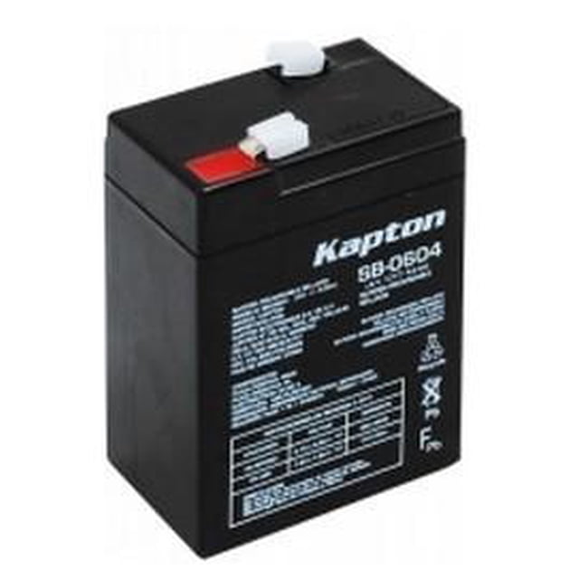 batería recargable de ácido selladas 6 vcc 4 amperes Kapton negro, vista frontal 3/4 con terminales superiores tipo pala (rojo y blanco), carcasa rectangular con etiqueta técnica en blanco y símbolos de manejo sobre fondo neutro; también usada habitualmente para respaldo de UPS compacto o sistemas de alarma pequeños.