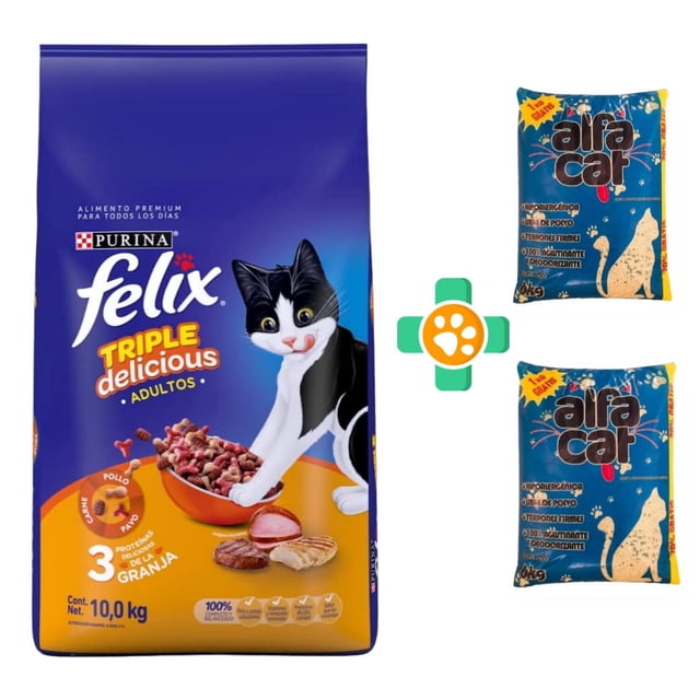Alimento Para Gato Felix Triple Delicious de 10 kg + Arena Alfa Cat de 12 Kg