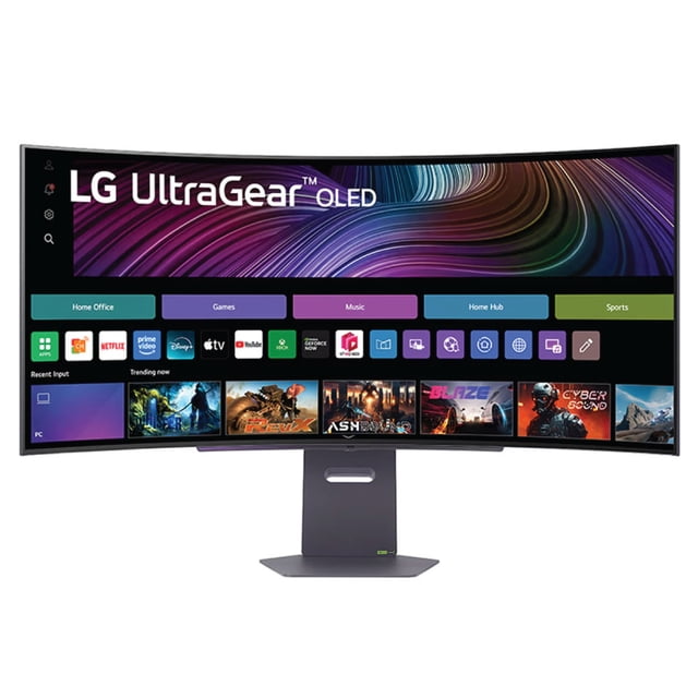 monitor curvo lg de 45 pulgadas pantalla oled Monitor curvo LG de 45 pulgadas OLED en negro con curvatura 800R; vista frontal centrada que muestra la interfaz webOS con filas de aplicaciones y miniaturas de streaming, soporte metálico con base plana, diseño pensado para campo de visión consistente en gaming y multimedia.