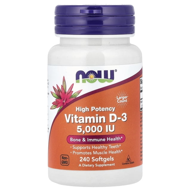 now foods, vitamina d3, 5000 ui, 240 cápsulas nowfoods 5k120 Frasco blanco, vista frontal con etiqueta naranja y tapa morada; etiqueta muestra 5,000 UI y 240 cápsulas blandas (softgels), menciona salud ósea e inmunitaria y Non-GMO; a menudo usado como suplemento diario y para apoyo muscular.