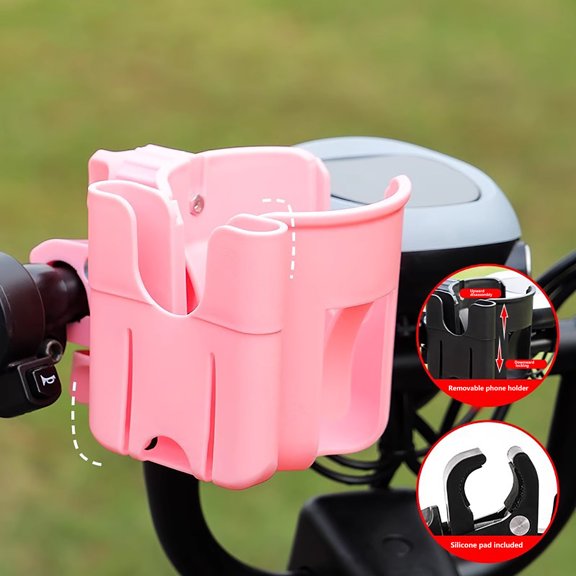 Portavasos universal con soporte para teléfono | Soporte 2 en 1 para botella y teléfono móvil, ideal para cochecito, silla de ruedas, scooter, cinta de correr y más | Abrazadera ajustable de 360
