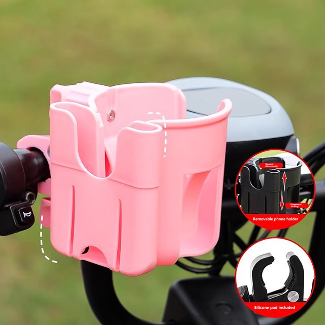 Portavasos universal con soporte para teléfono | Soporte 2 en 1 para botella y teléfono móvil, ideal para cochecito, silla de ruedas, scooter, cinta de correr y más | Abrazadera ajustable de 360