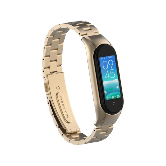 correa acero inox eslabones para xiaomi mi band 8/9/10 +1 mica Oro Cobre, vista 3/4 frontal de banda metálica de eslabones con módulo Mi Band insertado, cierre desplegable marcado STAINLESS STEEL, eslabones ajustables y acabado cobre-dorado, incluye mica protectora y longitud 24 cm, uso diario y deportivo.