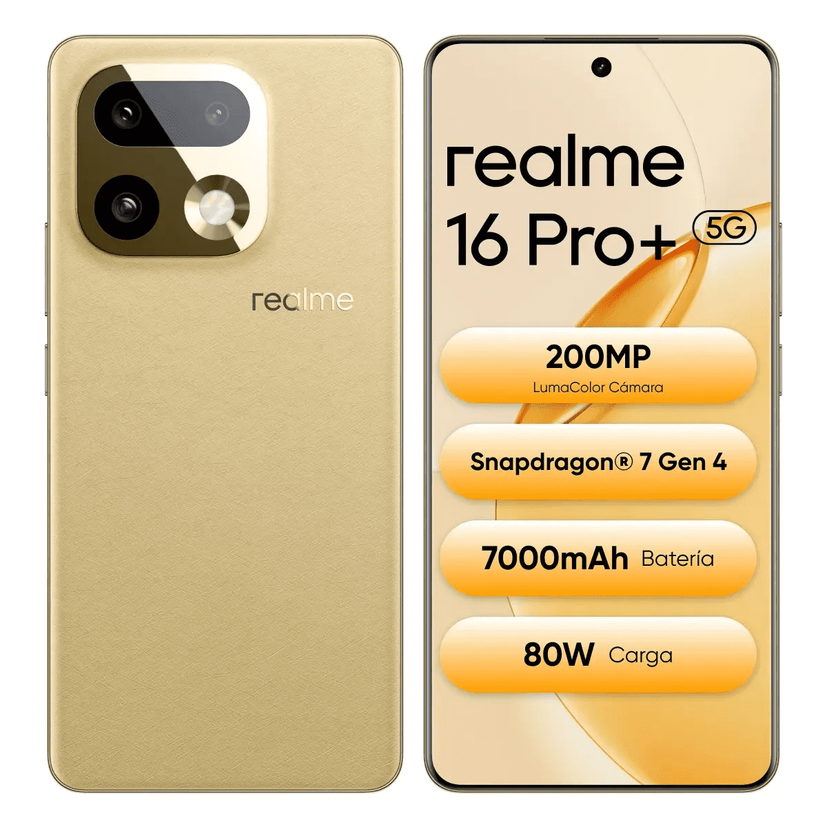 Teléfono Realme 16 Pro+ 5G 12GB RAM 512GB ROM, Cámara 200MP con OIS y Zoom Óptico 3.5X, Batería 7000mAh Carga 80W, Dorado
