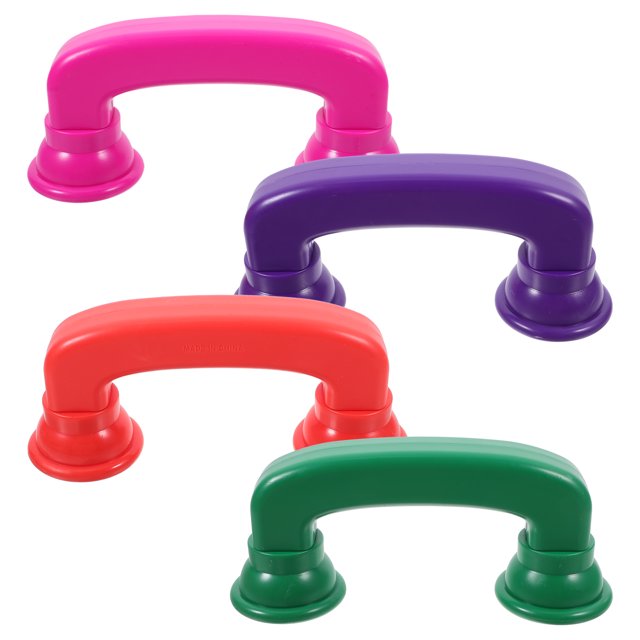 4 piezas de teléfono susurrante para niños pequeños, juguete de teléfono susurrante de colores, teléfono susurrante para leer y escuchar sonidos conjunto de cuatro teléfonos de ABS en colores surtidos (rosa, morado, rojo y verde) con forma de arco y ventosas en los extremos; vista frontal centrada que muestra superficies lisas, bordes redondeados y tamaño aproximado 17.2 x 7.5 x 5.5 cm. Diseñado para juego cognitivo y coordinación manual; a menudo usado como actividad sensorial simple.