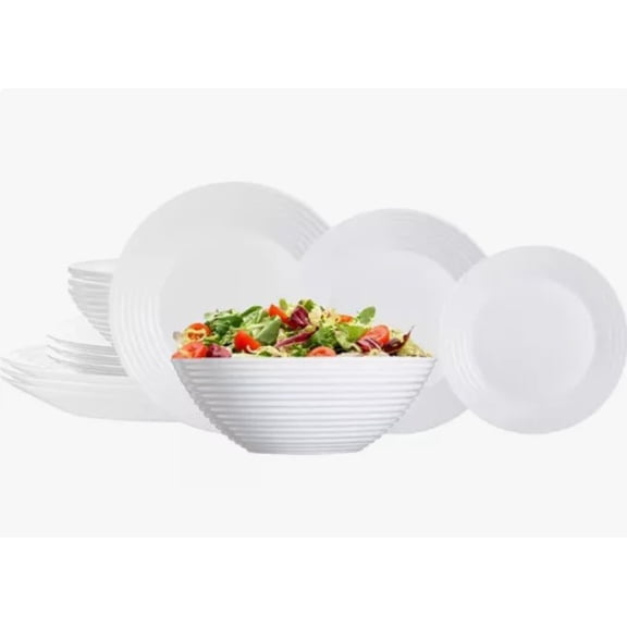 Vajilla Completa Familiar Blanca + Bowl Ensaladera, 19 Piezas para 6 Personas, Vidrio Opal con Diseño Relieve Líneas en Borde, Hecho en Francia