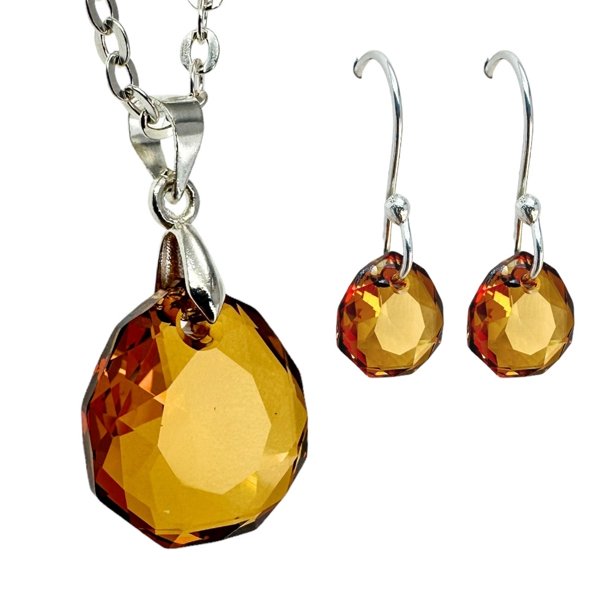 Juego de aretes y cadena con dije corte Majestic, plata mexicana ley .925, Ambar