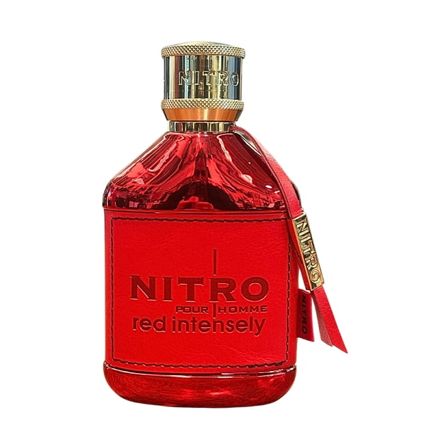 perfume dumont nitro red intensely 100ml xdp frasco rojo brillante frontal con parche tipo cuero sintético y NITRO en relieve, tapón metálico dorado texturizado. Notas: salida bergamota, lavanda y manzana; corazón de sandía, cedro y cálamo; fondo de ámbar, sándalo y pachulí; perfume para hombre de aroma fresco y juvenil, también apto como opción de regalo compacto.