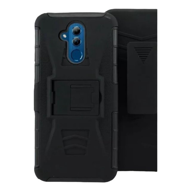 funda uso rudo clip 360 para huawei mate 20 lite más 2 micas de cristal negra Cely Vesmir, vista trasera con parachoques de TPU y respaldo acrílico resistente a arañazos, recorte para doble cámara y lector de huellas, patilla soporte plegable y clip de cinturón, textura antideslizante para mejor agarre y ajuste delgado para bolsillo.