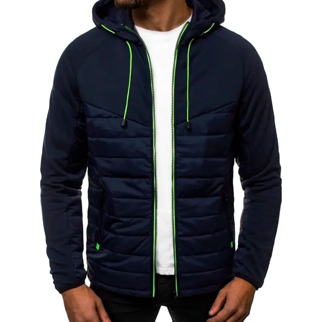 sudadera para hombre shendy vendy con capucha deportiva con cierre hoodie azul oscuro de silueta clásica con cierre frontal completo y capucha con cordón verde; panel acolchado en torso, bolsillos delanteros divididos, costuras dobles visibles en cuello y sisas, puños y dobladillo acanalados, vista frontal centrada con modelo.