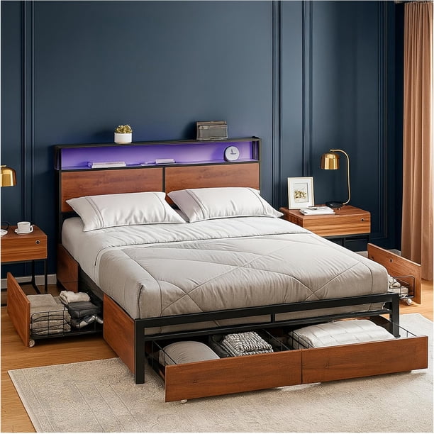 Base para Cama Queen Size Box con Luces LED y Espacio de Almacenamiento Cabecera Antideslizante y sin Ruido Estructura Metalica Resistente para Recamara Moderna