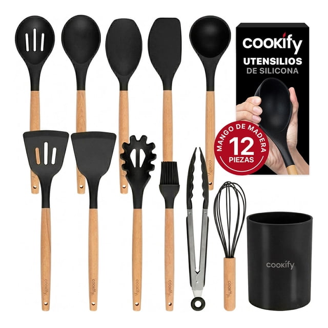 juego de utensilios de cocina silicona y madera accesorios para cocinar, 12 pzas (negro) set frontal con 12 piezas: cucharón, cucharas y espátulas de silicona negra con mangos de madera natural, batidor, pincel, pinzas y porta utensilios negro; silicona lisa y mango madera mate visibles, pensado para cocina moderna y para proteger sartenes antiadherentes; también suele emplearse como set compacto para equipar cocinas pequeñas.