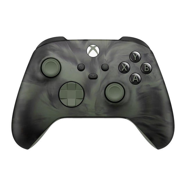 control xbox microsoft nocturnal vapor Edición Especial Nocturnal, vista frontal centrada de mando inalámbrico multicolor con remolino en verde claro y oscuro; pad direccional híbrido, dos joysticks y botones A/B/X/Y; botón Compartir y logo Xbox; agarres de goma en patrón de diamante y gatillos texturizados; puerto USB-C, compatible con Xbox, PC y móviles; batería recargable hasta 40 horas; también suele usarse para juego portátil en viaje.
