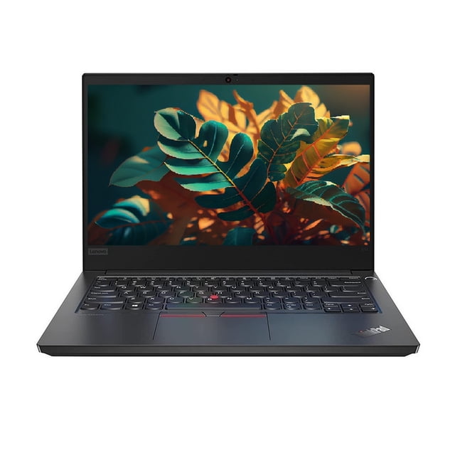 laptop lenovo thinkpad e14 g2 14" amd ryzen 3-4300u 8gb ram 1tb ssd reacondicionado frontal, chasis negro mate delgado con pantalla 14" Full HD mostrando fondo de hojas, teclado isla con TrackPoint y retroiluminación, cámara web en bisel superior, touchpad con botones físicos y logo ThinkPad en reposamanos; adecuado para oficina y estudio, a menudo usado como estación portátil para edición de documentos y multimedia ligera.