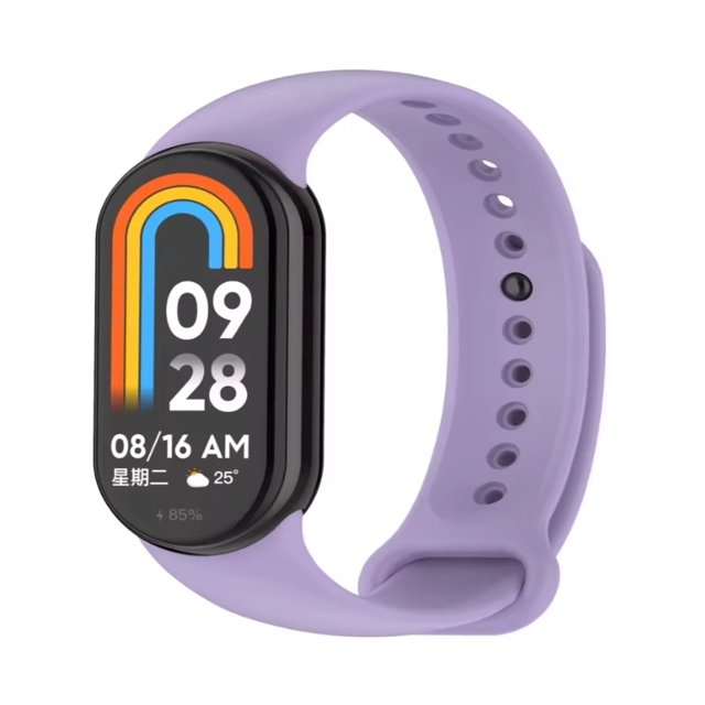 correa de silicona para xiaomi mi band 8, premium, deportiva, resistente al agua lila — vista 3/4 frontal de Mi Band 8 con correa lila de silicona, diseño deportivo unisex con orificios ajustables y cierre seguro, talla única 23 cm, acabado mate; suele usarse también como repuesto para wearables durante viajes.