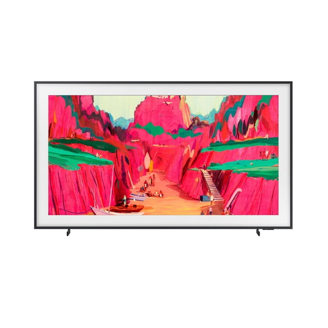 tv 75 pulgadas smart tv uhd 4k qn75ls03fwf the frame pro samsung qled en vista frontal, pantalla plana de 75" con marco ultradelgado que muestra Art Mode con una obra vibrante en tonos magenta y verde; peana baja y bisel oscuro visibles sobre fondo neutro; también adecuada para exhibir fotografías digitales en pared.