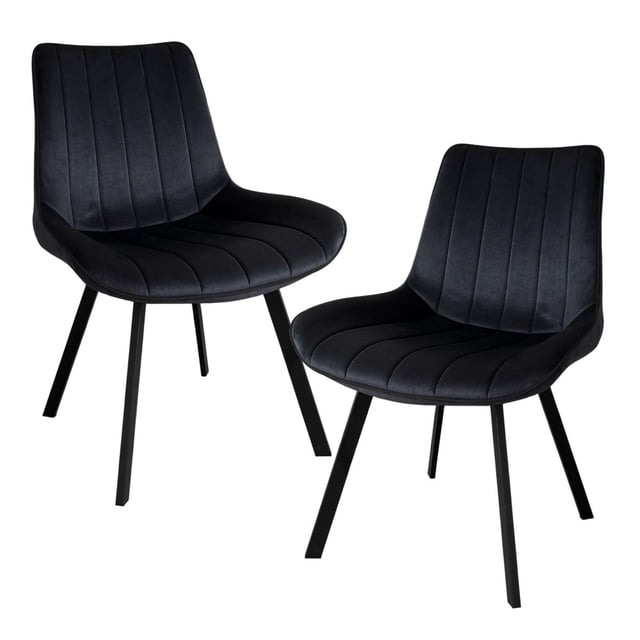 set 2 sillas comedor velvet tapizada terciopelo sala eames negro grande set de dos sillas LUMO en terciopelo negro, vista 3/4 frontal, asiento y respaldo acolchados con costuras verticales, patas metálicas negras inclinadas, alto 81 cm x ancho 54 cm x profundidad 42 cm; aptas para comedor, sala, estudio o como silla de oficina en casa.