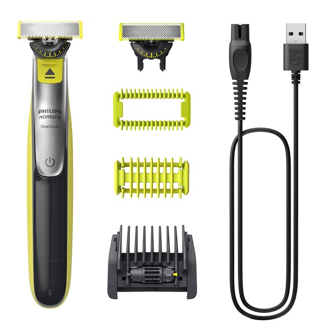 philips oneblade 360 face + body qp2834/70 rasuradora dispositivo frontal cromado con detalles verde y cabezal flexible 360° mostrado junto a un cabezal extra, peine ajustable 5-en-1, accesorio corporal con guardia, dos peines adicionales y cable USB-A para carga. Ideal para recortar, perfilar y rasurar rostro y cuerpo; también suele utilizarse para retoques rápidos en viajes.