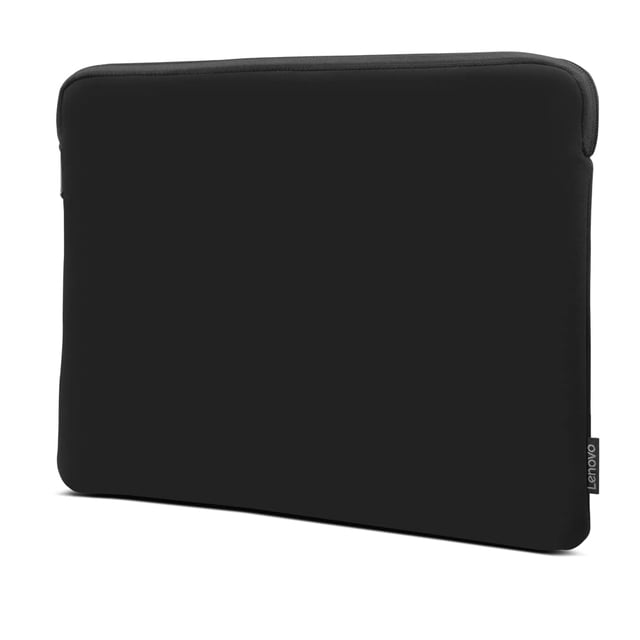 funda de neopreno negra para portátil lenovo basic de 15,6 pulgadas vista 3/4 frontal, funda slim rectangular en neopreno negro con cierre superior de cremallera y tirador metálico, forro polar suave interior y etiqueta Lenovo lateral; medidas externas 16.3 x 0.7 x 10.8 pulgadas, apta para laptops de 15.6" y a menudo usada también para transportar tablets grandes durante viajes.