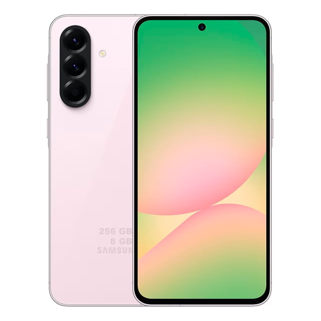smartphones samsung galaxy a56 5g rosa 12gb ram, 256gb de almacenamiento dual sim Vista frontal y trasera del Galaxy A56 5G en color rosa; pantalla Super AMOLED de 6.7" con cámara frontal en orificio, módulo trasero triple vertical (50 MP + 12 MP + 5 MP), procesador Exynos 1580 y batería 5000 mAh; también suele usarse como teléfono principal para fotografía móvil y multimedia.