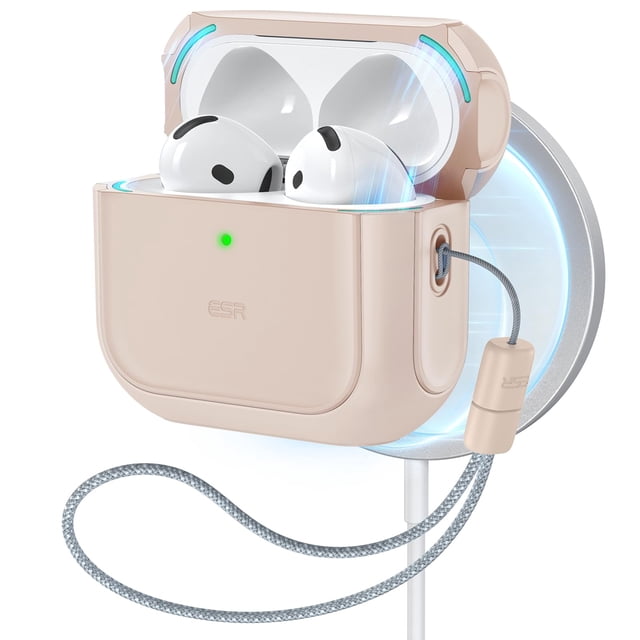funda esr para airpods 4 compatible con airpods 4.ª generación, 3/4 frontal de funda Orbit rosa beige con tapa abierta mostrando AirPods dentro; cuerpo rectangular con bordes redondeados y acabado mate, logo ESR en frontal y LED verde, bloqueo magnético de tapa, recortes de altavoz en la base y cordón trenzado gris con cierre tubular; preparada para carga MagSafe y a menudo usada para sujetar el estuche al bolso o muñeca durante el transporte.