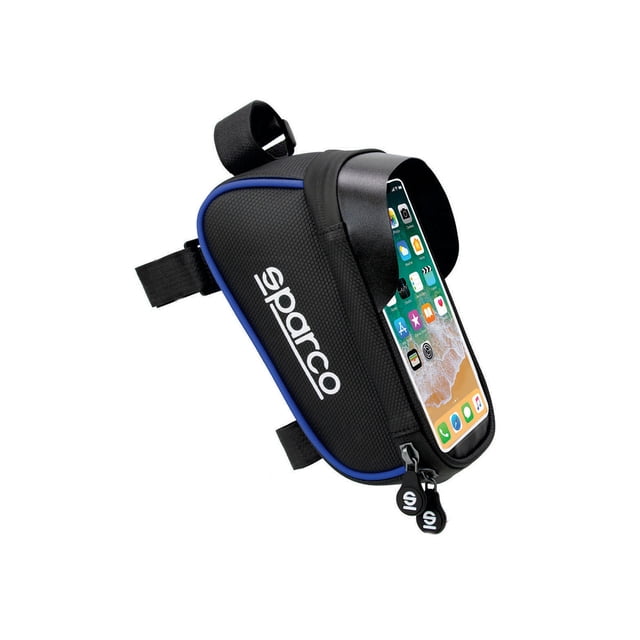sparco se104bl porta celular impermeable pantalla táctil bicicleta y motopatin azul, vista 3/4 frontal de bolso estructurado para cuadro con ventana táctil TPU que muestra un smartphone, logo SPARCO en el lateral, cremallera sellada con tiradores dobles y correas de velcro para montaje; capacidad 1.5 litros, compatible con teléfonos hasta 7 pulgadas (7"), ideal para llevar también llaves y herramientas pequeñas en recorridos urbanos.