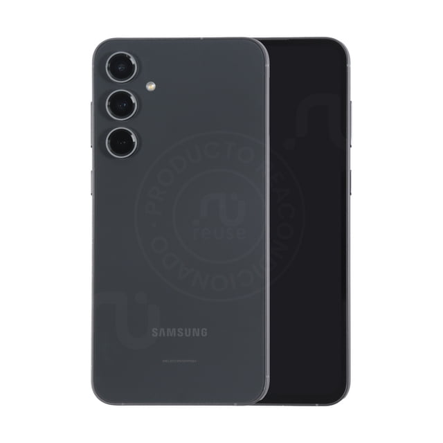 samsung galaxy s23 fe 128gb grafito reacondicionado smartphone gris, vista frontal y trasera 3/4 con triple cámara trasera vertical y acabado mate; desbloqueado, incluye caja y cable alternativo; puede presentar rayas menores por reacondicionamiento; apto para uso diario y fotografía móvil; a menudo usado también como teléfono secundario de viaje por su tamaño compacto.
