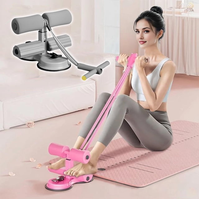 adjustable height sit up bar with suction cups for home gym abdominal workouts and core training Gris de LADIGASU, vista frontal con doble barra de acero inoxidable, dos grandes bases de succión, tres posiciones de ajuste, rodillos almohadillados de espuma y ranuras ergonómicas para el talón; instalado sobre colchoneta, apto para abdominales y entrenamiento de core, y a menudo usado para sujetar los pies en ejercicios en el suelo.