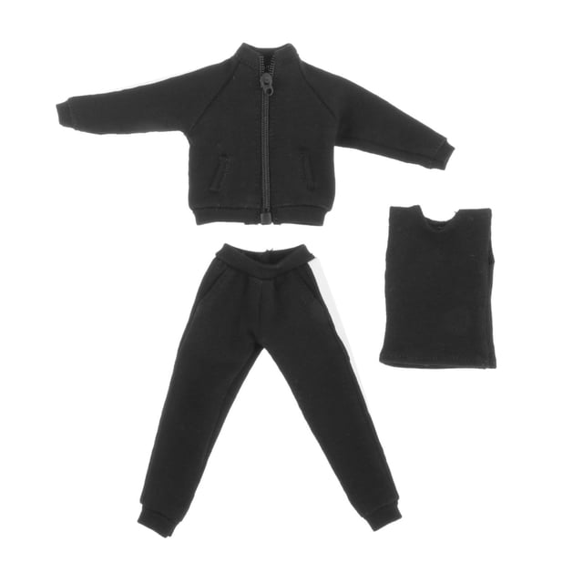 conjunto de traje deportivo con figura de hombre a escala 3x 1:12, conjunto de chándal deportivo para gimnasio, conjunto de chándal para correr de Vista cenital de conjunto deportivo negro a escala 1:12 para figuras de 6 pulgadas; incluye chaqueta de manga larga con cremallera, pantalones deportivos largos con puños elásticos y camiseta sin mangas tipo tank, tela de punto lisa y costuras visibles, fondo blanco.