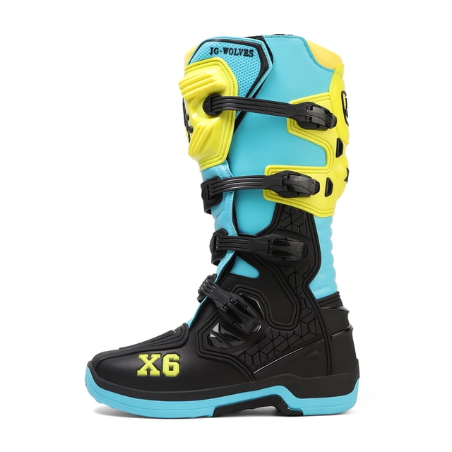 botas de moto todo clima: confort total & aventura sin límites! impermeables viaje & off-road - hombres y mujeres,azul-37 bota lateral derecha de caña alta con tres hebillas negras de cierre rápido; paneles turquesa en la caña y refuerzos amarillo neón en espinilla y tobillo con logo JG WOLVES en la lengüeta, empeine y puntera negros texturizados, suela de goma azul y negra con marca "X6" amarilla. Fondo blanco de estudio; apta para uso off-road y urbano.