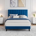 thumbnail image 1 of Yeshouse Estructura de cama matrimonial, plataforma tapizada en terciopelo con cabecero capitoné ajustable, no requiere somier, fácil montaje, azul marino, 1 of 9
