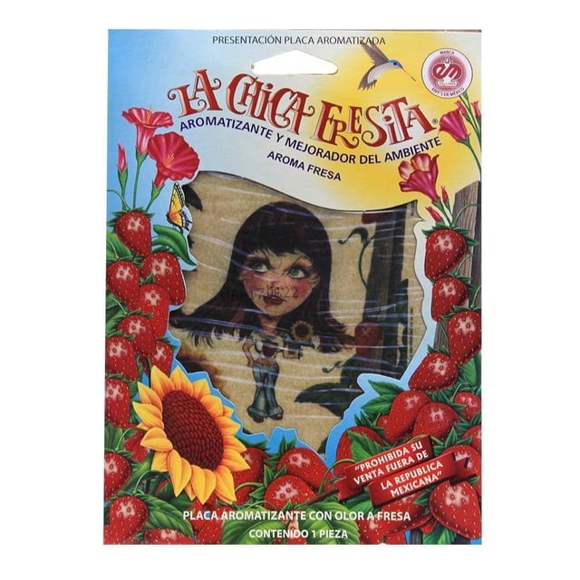 aromatizante eivy's de méxico la chica fresita fresa placa aromatizante con aroma a fresa, vista frontal centrada en empaque ilustrado; placa con silueta de niña y borde decorado con fresas y flores, diseño compacto que ocupa poco espacio, indicado para ambientar auto y hogar y ayuda a eliminar malos olores según empaque, a menudo usada para perfumar cajones pequeños o lockers.
