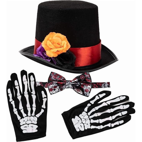 Juego De 4 Disfraces De Halloween, Sombrero, Guantes, Mallas y Moño, Catrin o Catrina, Fiesta