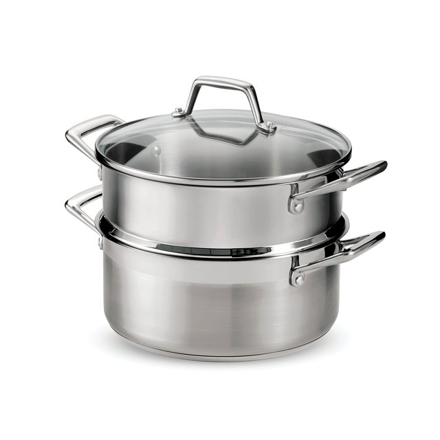 juego de vaporera tramontina de acero inoxidable, listo para inducción, 5 cuartos de galón 80120/523ds vaporera de acero inoxidable satinado con inserto apilable sobre olla de 5 qt; asas remachadas ergonómicas, tapa de vidrio templado con borde pulido y base de tres capas (núcleo de aluminio) para distribución uniforme del calor, compatible con cocinas de inducción y apto para horno hasta 350 F (176 C); a menudo usado para cocinar verduras y mariscos al vapor y también apto para guisos y sopas.