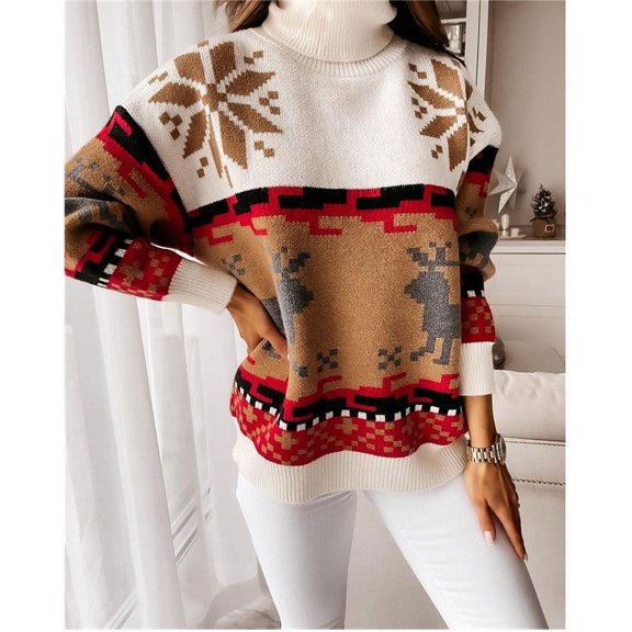 Suéter navideño de invierno con cuello alto y alce, suéter navideño de punto en jacquard
