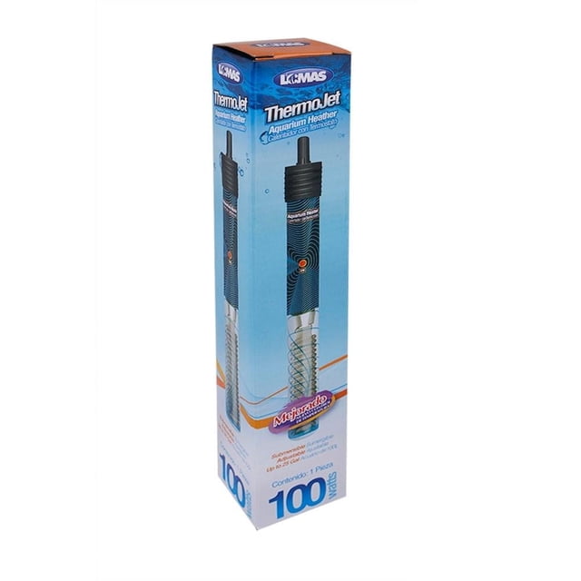 calentador sumergible con termostato lomas para acuarios thermo jet 100 w — Caja frontal del calentador Thermo Jet 100 W de Lomas, empaque azul con ilustración del calentador tubular sumergible y control de termostato arriba; marca 100 watts y muestra el elemento calefactor. Recomendado para peceras interiores con buena circulación de agua; también suele usarse en acuarios pequeños de escritorio.