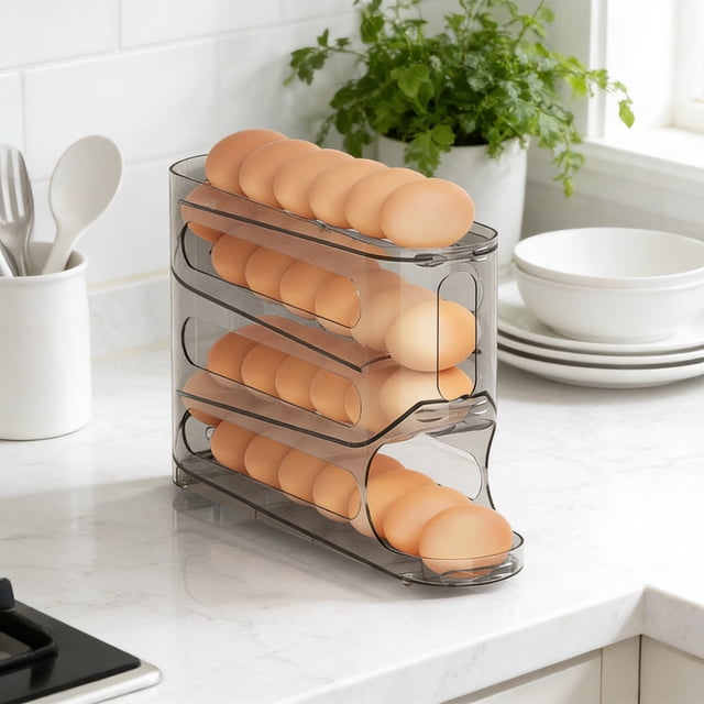 CaiYueKe Rolling Egg Organizer for Refrigerator Slide Type Egg Storage Container Egg Holder Rack Tray with Auto Rolling Dispenser Kitchen Countertop Fridge Organizer Plastic Egg Box Crate Carton