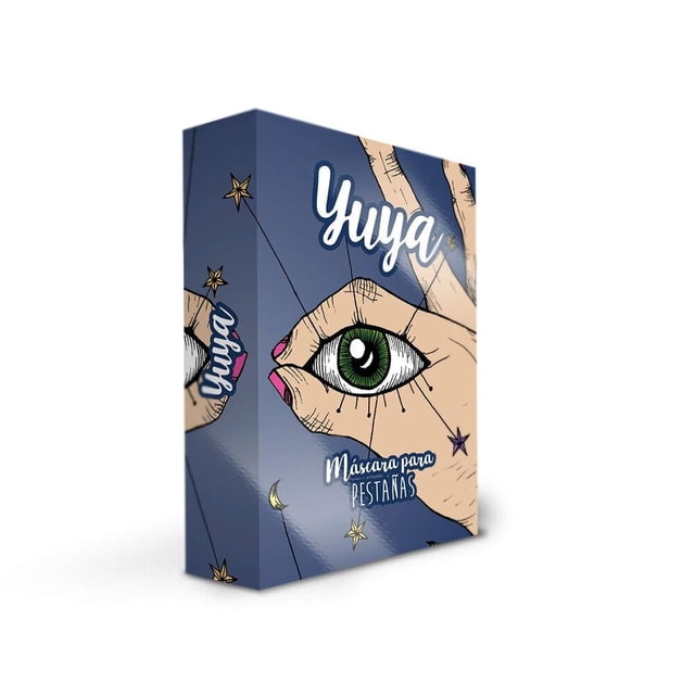 máscara para pestañas yuya aplicador de doble textura 10 g caja de empaque azul en vista 3/4 con ilustración de un ojo verde enmarcado por una mano; logo Yuya en blanco y texto "Máscara para Pestañas" en el frente, detalles de estrellas y luna.