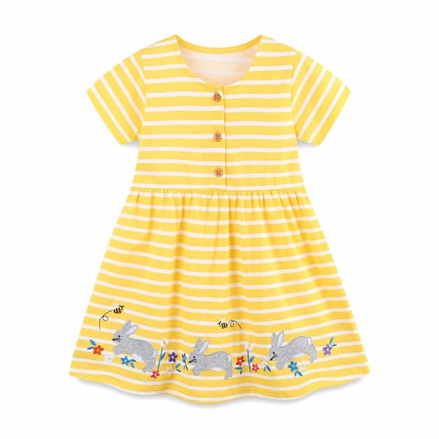 Vestido informal de rayas para niña REDARER, de algodón bordado con dibujos animados, manga corta, estilo veraniego, para tallas 7-8 años