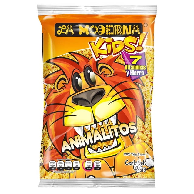 sopa de animalitos la moderna kids 200 g paquete frontal con ilustración grande de león naranja estilo caricatura, fondo amarillo con fideos en forma de animalitos, marca La Moderna, leyendas 'Kids!' y '7 Vitaminas y Hierro' visibles y peso neto 200 g.