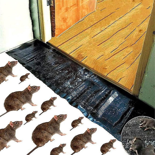 almohadillas adhesivas anggrek para ratas trampas con pegamento, hoja adhesiva negra desplegada en un umbral de puerta, aprox. 47.5 x 11 pulgadas, superficie brillante con adhesivo uniforme, ilustraciones de ratones que indican uso contra roedores; recortable para ajustar tamaño y apta también como trampa para serpientes u otras plagas.