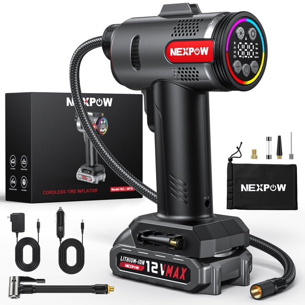 Inflador de Neumáticos NEXPOW, Compresor de Aire Portátil de 160 PSI, Bomba de Aire 5 Veces Más Rápido con Doble Alimentación para Coche, Moto y Balones, Batería de 8000 mAh
