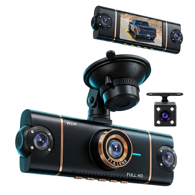 dash cam wifi 5g 4k 4 canales 360° full hd máxima evidencia en carretera — Unidad negra con detalles dorados y montura de ventosa; vista 3/4 frontal que muestra lente central marcada F1.6 LENS, dos lentes laterales integradas y microcámara trasera cuadrada, pantalla LCD superior con escena de carretera; carcasa con textos 'WDR' y 'FULL HD' y botones de control visibles. Diseñada para grabar frente, interior, laterales y reversa en 4K UHD + Full HD, con conexión WiFi 5G y visión nocturna avanzada; también adecuada para registro de viajes y vigilancia de estacionamiento.