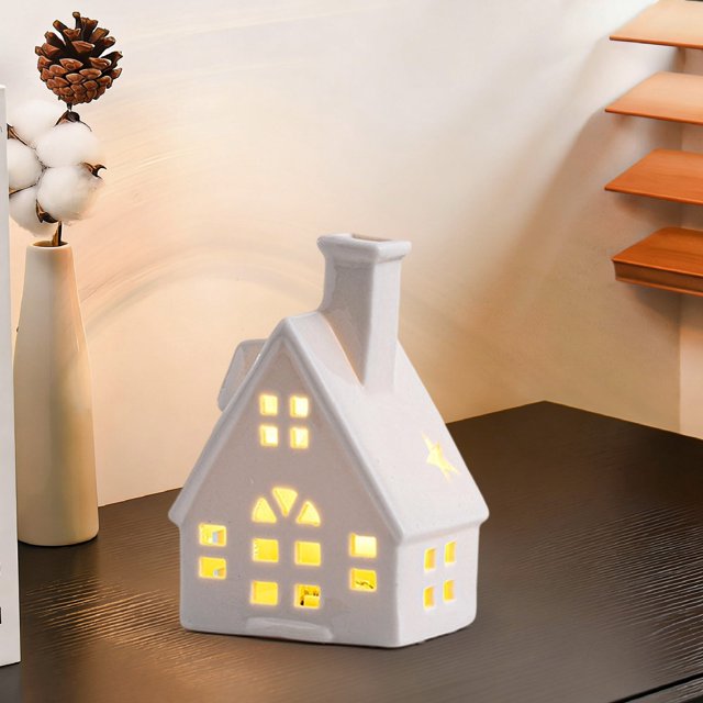 Casa de cerámica con luces LED, figura brillante para mesa, decoración de escena de pueblo, adorno navideño colorido y exquisito, funciona con pilas, 1 pieza.