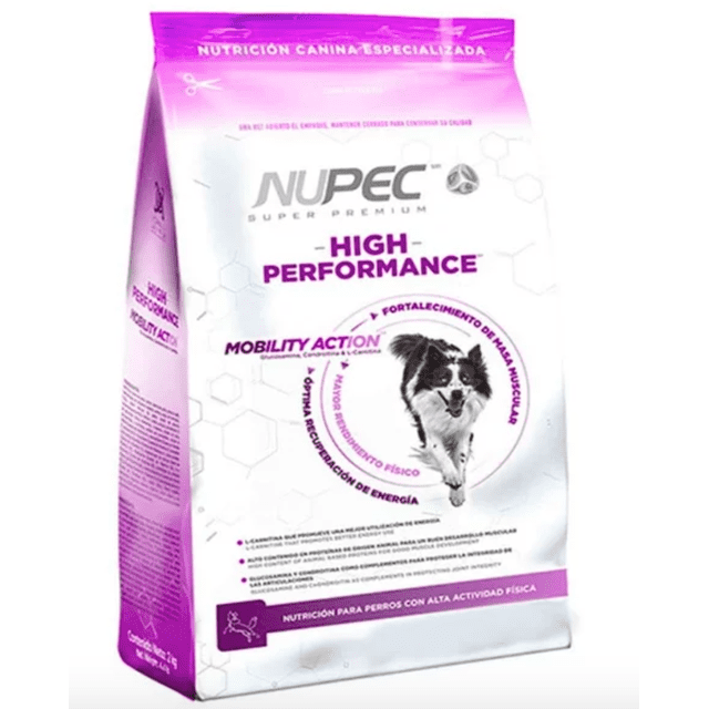 alimento para perro nupec high-performanceraza mediana 20kg alimento para perros con alta actividad física, bolsa 3/4 frontal blanca y morada con logo NUPEC y texto High-Performance; ilustración de perro corriendo y rótulos que indican protección articular, digestiva y cardiovascular y presencia de glucosamina, condroitina y L-carnitina, ideal para refuerzo muscular y óptima recuperación.