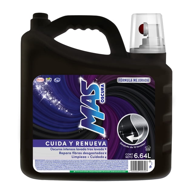 detergente líquido mas oscuros intensos 6.64 l bidón negro frontal con asa superior y pico dosificador transparente; etiqueta morada y azul marca MAS que dice "Cuida y Renueva", ícono de tela y texto de contenido neto 6.64 L; indicado para lavado y cuidado de la ropa, elimina suciedad y manchas de manera efectiva. Su tamaño es adecuado para múltiples lavados.