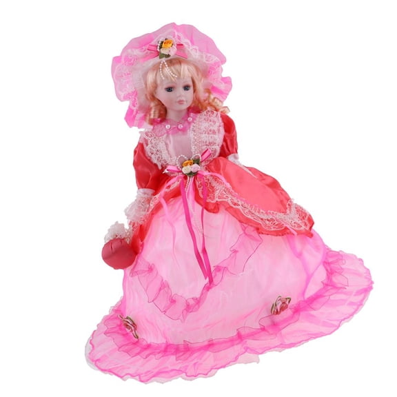 Elegantes muñecas de porcelana hechas a mano de estilo vintage con soporte de exhibición. Vestido rojo