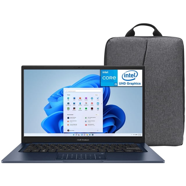 laptop asus vivobook 14 intel core i5 1334u 8gb ram 512gb ssd 14" windows 11 home teclado en español + mochila Azul; vista frontal 3/4 con pantalla abierta y mochila gris detrás. Portátil delgada con pantalla 14" FHD de bisel estrecho, teclado chiclet en español y touchpad centrado; Windows 11 en pantalla. A menudo usada para estudio y trabajo, adecuada para transporte diario.